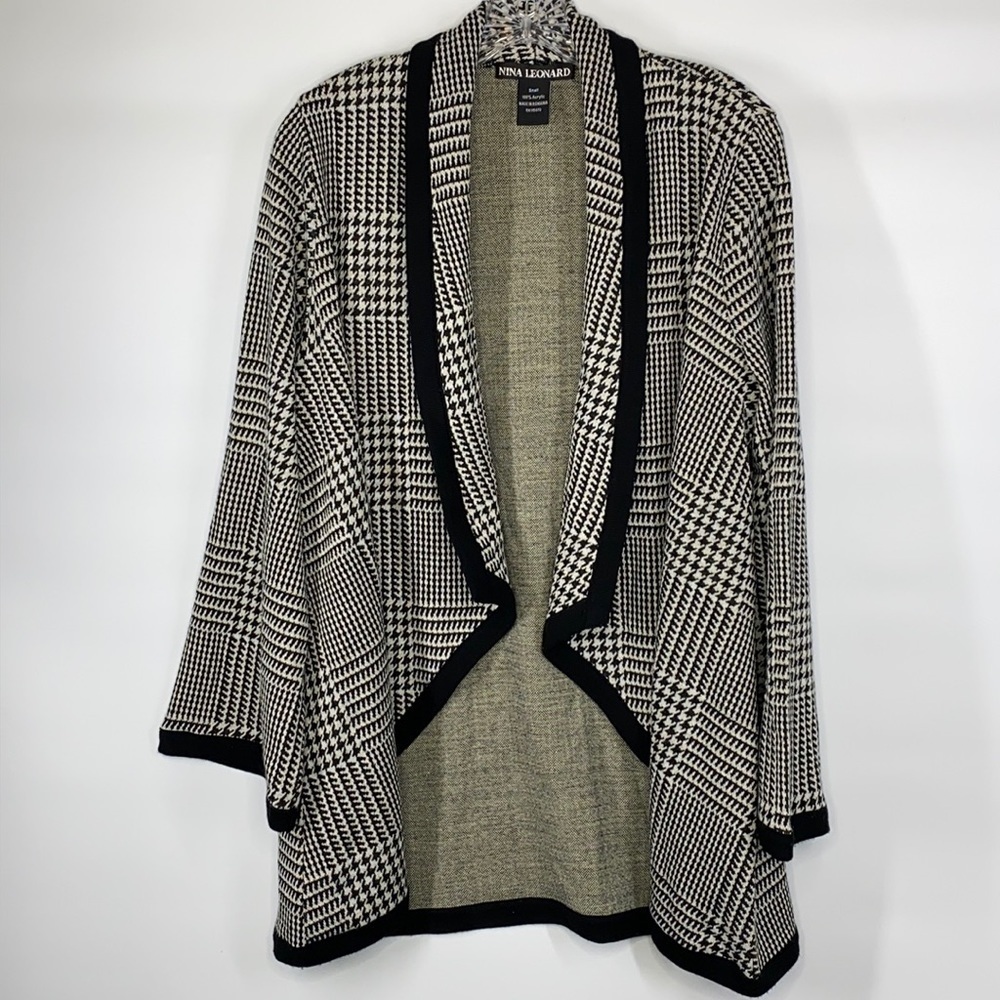 Nina Leonard Black & White Houndstooth Open Front Cardigan Sweater Size Small